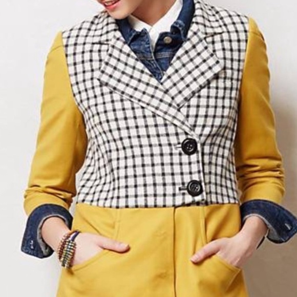 NWT Anthropologie Cartonnier Yellow Plaidblock Peacoat Jacket Mustard Yellow 0 - Picture 2 of 11